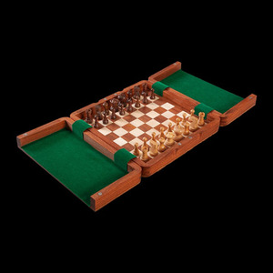 Handcrafted <b>Wooden</b> Folding <b>Chess</b> <b>Set</b> With Box Green Velvet Lined Compartments Portable Travel Board Game For Family Enjoyment - Product Image 1