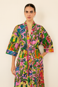 Robe kimono longue en coton tissé imprimé fait main indien pour femme, séchage rapide, col en V, manches longues, peignoir de plage, été - Product Image 6