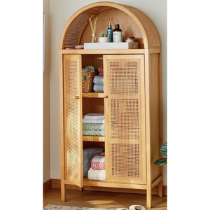 Bohemian Modern Rattan Storage Cabinet with Arched Design and Natural Wood Organizer Furniture - Product Image 1