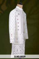 Sherwani formel pour homme, bleu prussien, orné de perles à la main, style indo-occidental, avec motifs floraux complexes et tissu en mélange de soie de qualité supérieure