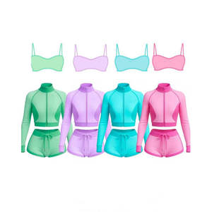 Ensemble de sport 3 pièces personnalisé pour femme : hauts extensibles à col rond, soutien-gorge de sport et short, style hip-hop - Product Image 1