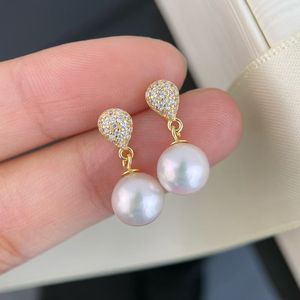 Boucles d'oreilles en perles de manta rose sans noyau, argent 925, perles d'eau douce rondes de 8 à 9 mm, incrustées de zircon diamant sans défaut, design élégant - Product Image 4