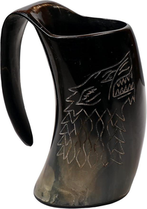 Vikings Valhalla Game of Thrones Stark House Drinking Horn Mug Wolf Carved Tankard for Beer Wine Mead Ale Stein with Handle - Product Image 2