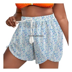 Shorts d'été pour femme en coton imprimé au bloc, avec cordon de serrage et taille à nouer, style loungewear - Product Image 3