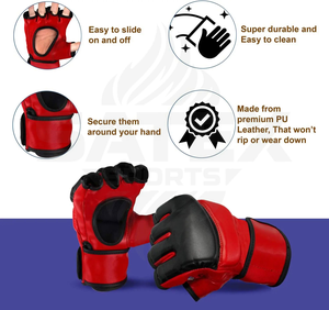 Gants de MMA rouges à demi-doigts avec fermeture Velcro pour adultes, entraînement aux arts martiaux - Product Image 6