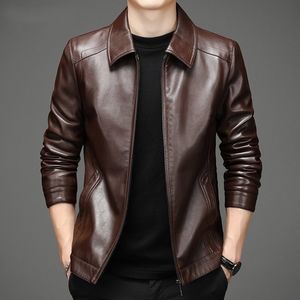 Veste en cuir marron pour homme, col montant, fermeture éclair, style motard, coupe ajustée, pour l'automne, couleur unie, manches classiques - Product Image 2