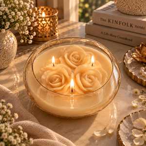 Bougie parfumée aux fleurs dans un bol en verre transparent, bougie en cire de soja florale, trois fleurs en cire en forme de rose, parfum élégant à la vanille, décorative - Product Image 1