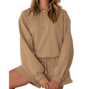 Conjunto de Pijama de Algodón de Manga Larga con Cuello Redondo y Pantalones Cortos, Cómodo y Casual para Mujer, Gran Venta - Product Image 1