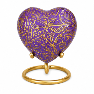 Beautiful Purple color with Butterfly Engraved Heart <b>Keepsake</b> with stand Brass Cremation <b>for</b> <b>Ashes</b> - Product Image 1