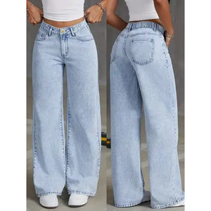 Women's High <b>Waist</b> Ripped Solid Eco-Friendly Waterproof Denim <b>Jeans</b> Casual Loose Fit Large Size Straight Wide Leg Full Length - Product Image 1