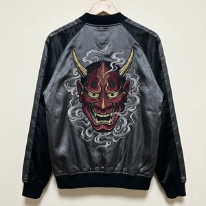 Chaqueta Sukajan Satinada Gris Oscuro Personalizada OEM para Hombre, Chaqueta Bomber Vintage con Bordado Pesado de Máscara Hannya Japonesa - Product Image 5