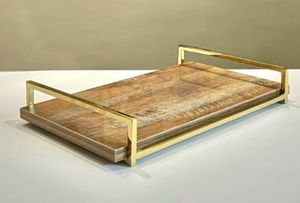 Luxurious Design Round Shape Wooden <b>Tray</b> With Metal Shiny Handles Walnut Finishing Food Serving <b>Tray</b> - Product Image 5