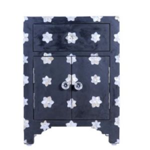 Black Floral Bone Inlay Bedside <b>Table</b> Nightstand Bedroom <b>Side</b> Cabinet Modern Accent <b>Storage</b> - Product Image 2