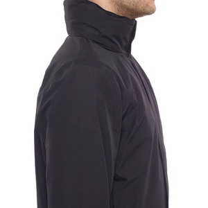 Men's Black Solid Stand Collar Hooded Puffer <b>Jacket</b> Windproof Zipper Closure Casual Winter Outerwear Regular Fit Polyester Shell - Product Image 4