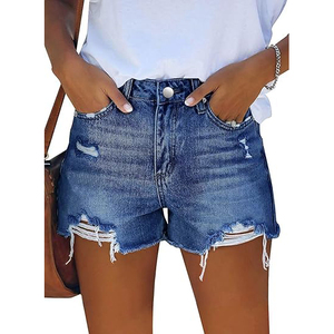 Shorts en jean déchirés taille haute pour femme, ourlet effiloché, délavage bleu vieilli, cinq poches, style décontracté - Product Image 2