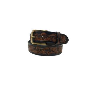Cinturón trenzado de cuero vacuno estilo western vintage para hombre con patrón floral en relieve y hebilla de cobre antiguo - Product Image 1