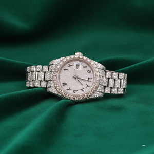 Montre en quartz argentée pour homme, bracelet en acier inoxydable serti de pierres, cadran rond, affichage de la date, montre-bracelet - Product Image 1