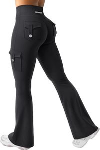 Leggings de yoga évasés taille haute pour femmes, pantalon cargo de sport avec poches discrètes, sans couture avant, en velours, vêtements de sport - Product Image 3