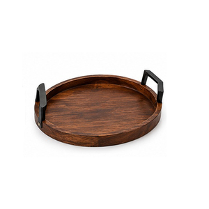 Plateau de rangement rond en bois avec poignées en métal noir, design minimaliste, à un seul niveau, pour table, finition laquée - Product Image 1