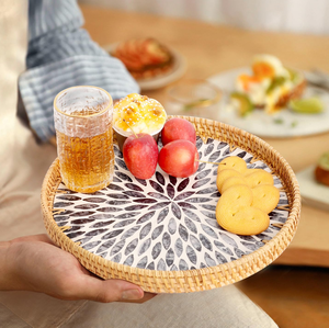 Plateau de rangement pour vin, plateau de service petit-déjeuner et dîner, plateau de rangement en rotin et nacre, meilleur prix - Product Image 1