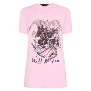 Camiseta Rosa de Cuello Redondo y Manga Corta para Mujer, con Estampado de Águila, Logo 'Forever Young Wild Free', Informal, Transpirable y Ecológica - Product Image 1
