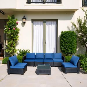 Set di divani da esterno in rattan PE nero da 7 pezzi con tavolo e cuscini blu, mobili da giardino - Product Image 1