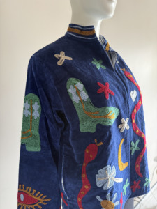 Floral Blue Embroidered Breathable <b>Velvet</b> Blazer Mandarin Collar Full Sleeve Handmade Cotton Lining Women's <b>Jacket</b> - Product Image 1