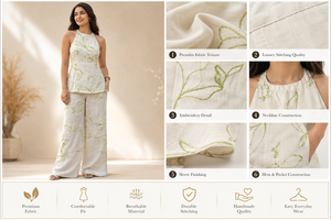 Conjunto de 2 Piezas Ecológico de Algodón, Top Peplum sin Mangas con Cuello Redondo y Pantalones Palazzo de Pierna Ancha con Estampado Floral Verde, para Invierno - Product Image 3