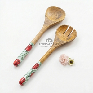 Bol à salade en bois de qualité supérieure avec ensemble de cuillères |   Bol de service naturel pour fruits, salades et vaisselle - Product Image 3