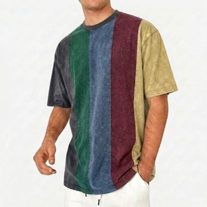 <b>Men</b> Retro <b>Stripe</b> <b>T</b> <b>Shirt</b> Multi Color Vertical Panel Vintage Wash Effect Summer Casual Loose Fit Streetwear Trendy Fashion Tee - Product Image 1