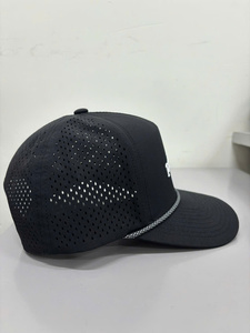 Trucker Hat Black Mesh Breathable 5-<b>Panel</b> Adjustable Unisex Casual <b>Decorative</b> Rope Rubber Print Front Logo Perforated Hats - Product Image 4
