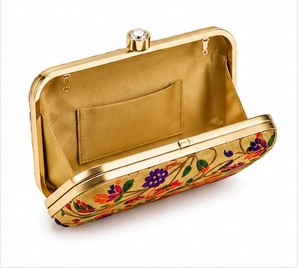 Elegant Gold Embroidered Floral Clutch With Crystal Closure Women's Silk Party Handbag - Product Image 5
