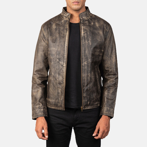Veste en cuir véritable lavé pour homme, coupe ajustée, col montant, fermeture éclair, style automne, doublure intérieure noire - Product Image 2