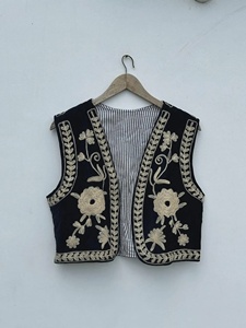 Black <b>Velvet</b> Boho Vest Embroidered Indian Ethnic Sleeveless <b>Jacket</b> Cotton Lined Festival Gift Her Floral Pattern Breathable - Product Image 1