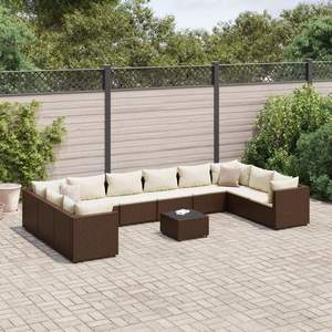Ensemble de salon de jardin en rotin brun avec coussins crème pour usage extérieur, capacité de 10 personnes et plus, design contemporain, résistant aux intempéries - Product Image 1