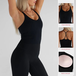 Women's Black Sporty Tank Top With Built-In Chest <b>Pad</b> Scoop <b>Neck</b> Knitted Breathable Workout Wear - Product Image 1