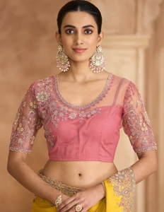 KV Women's Embroidered Designer Bollywood Silk <b>Satin</b> <b>Saree</b> with Reversible Wrinkle-Free Unstitched Blouse (Yellow) - Product Image 4