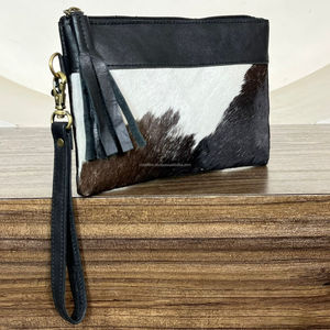 Hair On Cowhide Leather Tassel Zipper Wallet Purse for Women Western Real Genuine Leather Card Holder Clutch With Hand <b>Wristlet</b> - Product Image 4