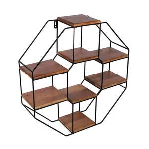 Geometric Wall <b>Shelf</b> Multi Tier Wooden Metal Frame Floating <b>Shelves</b> Decorative Display Rack Home Organizer - Product Image 1
