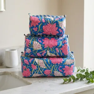 Bolsa de Aseo con Bordado Floral, Bolsa de Cosméticos de Algodón, Juego de Bolsas de Aseo de Algodón, Estampado Floral Azul Vintage, Bolsa de Cosméticos Reutilizable - Product Image 3