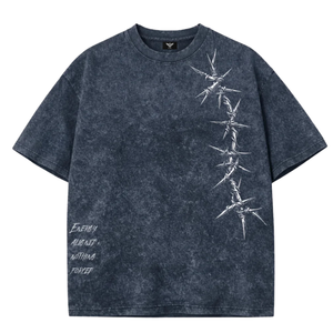 T-shirt délavé pour homme avec imprimé graphique fil de fer barbelé, manches courtes, col rond, style streetwear décontracté, en coton, effet vintage délavé, moderne - Product Image 1