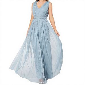 Vestidos de Dama de Honor Elegantes, Corte Imperio, Sin Mangas, Cuello en V, Drapeados, Modernos, Plisados, Antiestáticos, Talla Grande, Color Azul Polvoriento, 100% Tul - Product Image 3