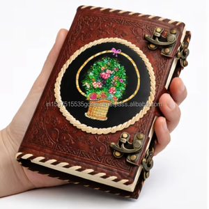 Atlasease Handmade Hand Painted Black Leather Journal Colorful Flower Art Vintage Customizable Notebook Dual Metal <b>Lock</b> Cord - Product Image 3