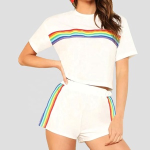 Personnalisé de haute qualité Personnaliser logo Femmes 2 Pièces Survêtement Uni Solide Coton T-shirts Courts Shorts Weatsuit Ensemble Survêtement - Product Image 1