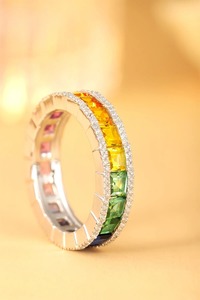 Luxury Women's <b>Ring</b> With Emerald Cut Fancy Diamonds Pink Orange Colorful Band Everyday Wear Jewelry - Product Image 3