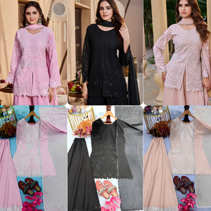 Ensemble de vêtements pour femme en faux georgette lourd avec broderie et travail de sequins de 3 mm, comprenant un haut, un palazzo et un dupatta, entièrement cousu, ZW 145 - Product Image 4