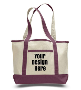 Custom Logo Printed Adjustable Washable <b>Canvas</b> Tote Bag Beige with Purple Trim Eco Friendly <b>Large</b> Capacity <b>Plain</b> Design - Product Image 1