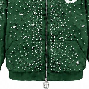 Forest Green Pearl Full <b>Zip</b> <b>Hoodie</b> Crystal Studded Streetwear Jacket Long Sleeve Hooded Sweatshirt With Front <b>Pockets</b> - Product Image 5