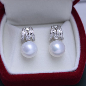 Zhuji Danshui 11-12mm White Round S925 Silver <b>Earrings</b> Strong Light Fine <b>Dangle</b> Flaws <b>Pearl</b> Wholesale - Product Image 4