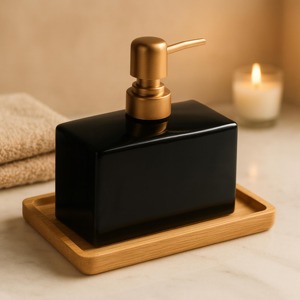 Modern Bathroom <b>Soap</b> And Lotion Dispenser <b>Set</b> With Gold Pump Bottles On Wooden Tray Perfect For Vanity Counter Decor From India - Product Image 3